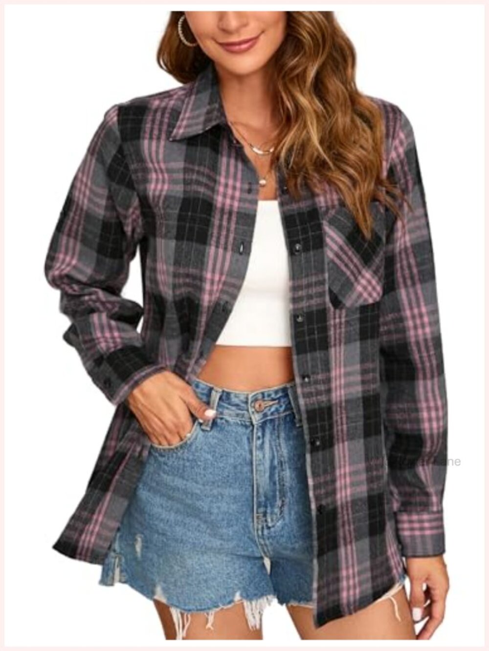 Women Plaid Flannel Shirt Long Sleeve Button Down Lightweight